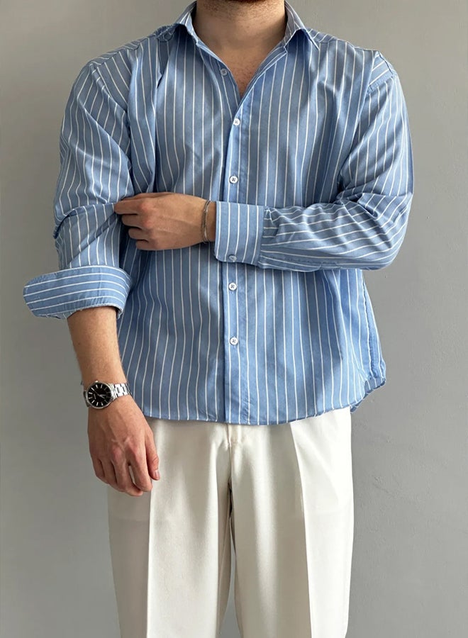 trendyol Blue Regular Fit Striped Men's Shirt - Image 1