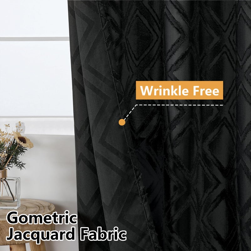 OWENIE Black Shower Curtain Set  Jacquard Geometric Textured Fabric Boho Shower Curtains for Bathroom  Soft Hotel Style Farmhouse Shower Curtain Grommet Top 12 Hooks  Machine Washable  72x72  Black - Image 3