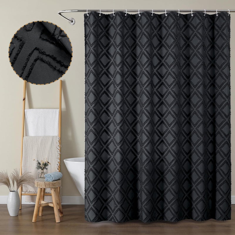 OWENIE Black Shower Curtain Set  Jacquard Geometric Textured Fabric Boho Shower Curtains for Bathroom  Soft Hotel Style Farmhouse Shower Curtain Grommet Top 12 Hooks  Machine Washable  72x72  Black - Image 2