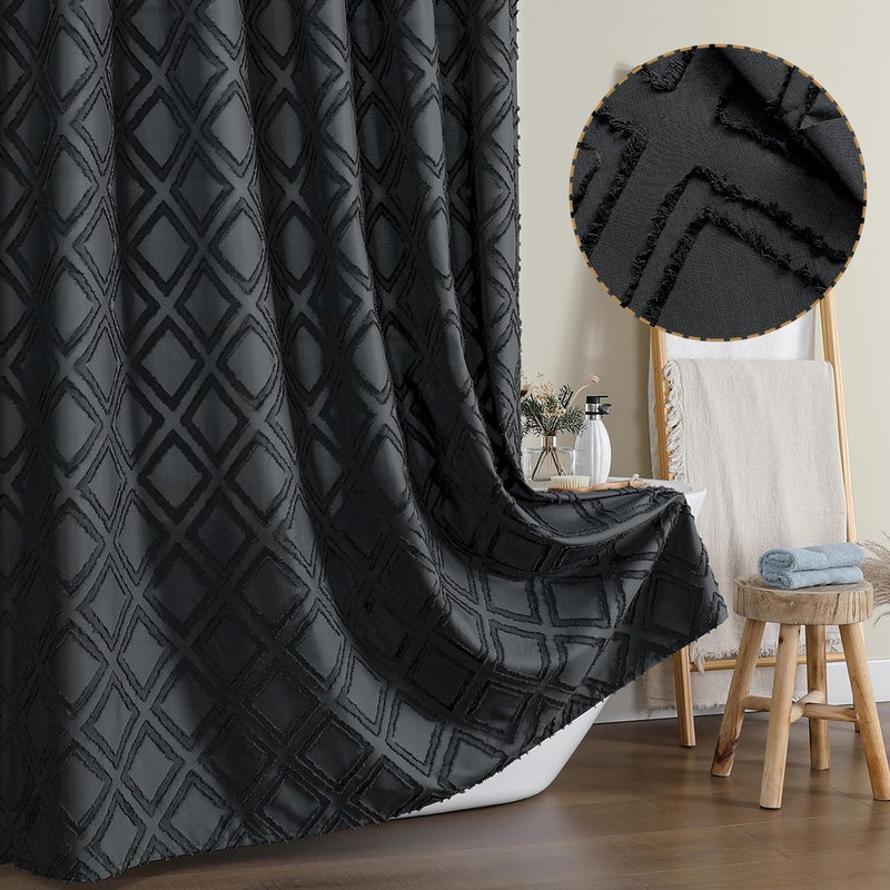 OWENIE Black Shower Curtain Set  Jacquard Geometric Textured Fabric Boho Shower Curtains for Bathroom  Soft Hotel Style Farmhouse Shower Curtain Grommet Top 12 Hooks  Machine Washable  72x72  Black - Image 1