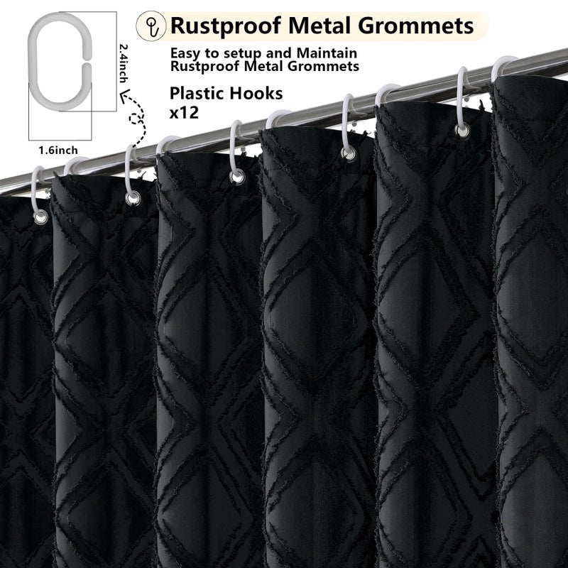 OWENIE Black Shower Curtain Set  Jacquard Geometric Textured Fabric Boho Shower Curtains for Bathroom  Soft Hotel Style Farmhouse Shower Curtain Grommet Top 12 Hooks  Machine Washable  72x72  Black - Image 4