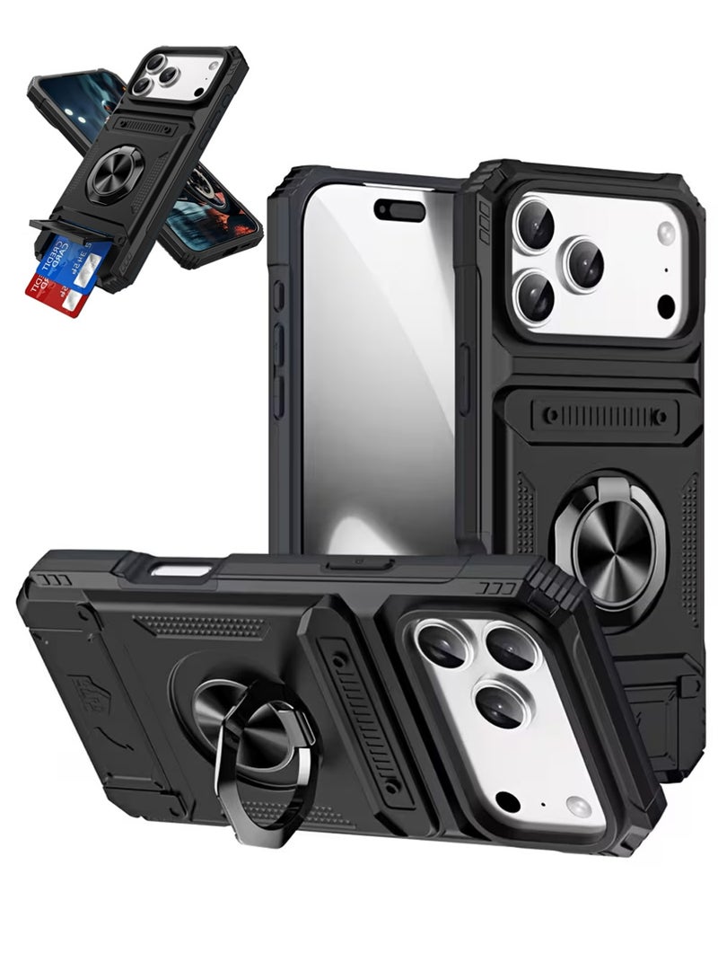 إكس ليفيل كيس لآيفون 17 برو ماكس مع حامل بطاقة مخفية [تخزين بطاقات 2] 360 درجة مغناطيسية دوار حلقة ركلة ثقيلة طبقة مزدوجة غطاء مقاوم للصدمات لآيفون أبل 17 برو ماكس - Image 1