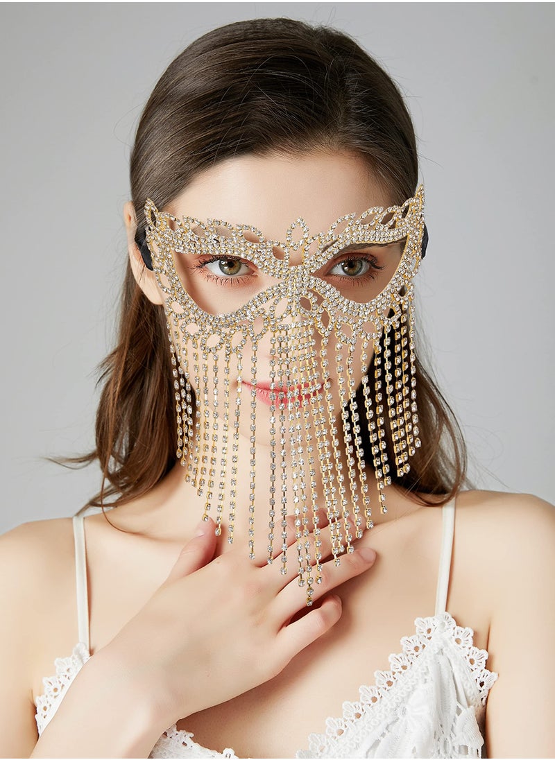 SYOSI Crystal Chain Mask, Rhinestone Cat Eye Fringe Masquerade, Rhinestone Fringe Masquerade Mask Chain, 1920s Masks for Masquerade Proms, Hallowmas Party, Photo Shoot  - Image 3