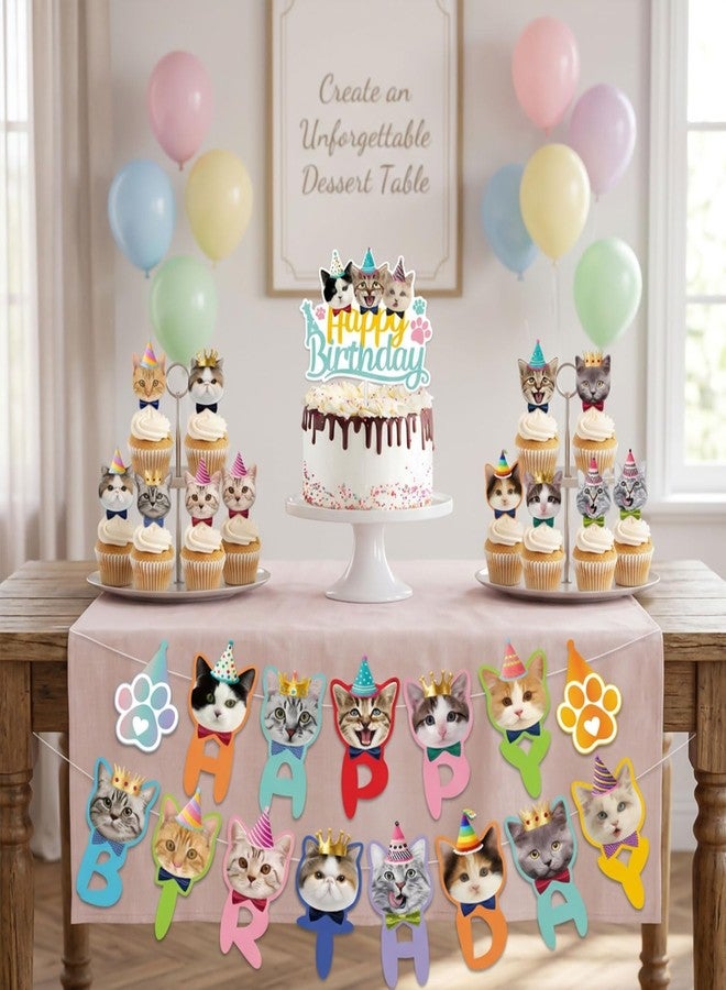 Favuit Cat Theme Birthday Party Decorations Kit, Happy Birthday Banner, Cat Cake Topper and Cupcake Toppers, Cute Animal Party Supplies for Boys Girls - Image 3