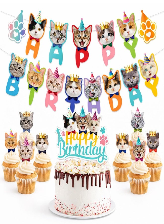 Favuit Cat Theme Birthday Party Decorations Kit, Happy Birthday Banner, Cat Cake Topper and Cupcake Toppers, Cute Animal Party Supplies for Boys Girls - Image 1