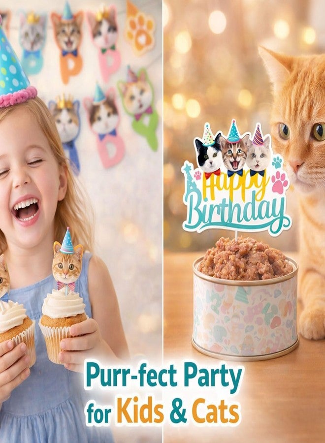 Favuit Cat Theme Birthday Party Decorations Kit, Happy Birthday Banner, Cat Cake Topper and Cupcake Toppers, Cute Animal Party Supplies for Boys Girls - Image 2