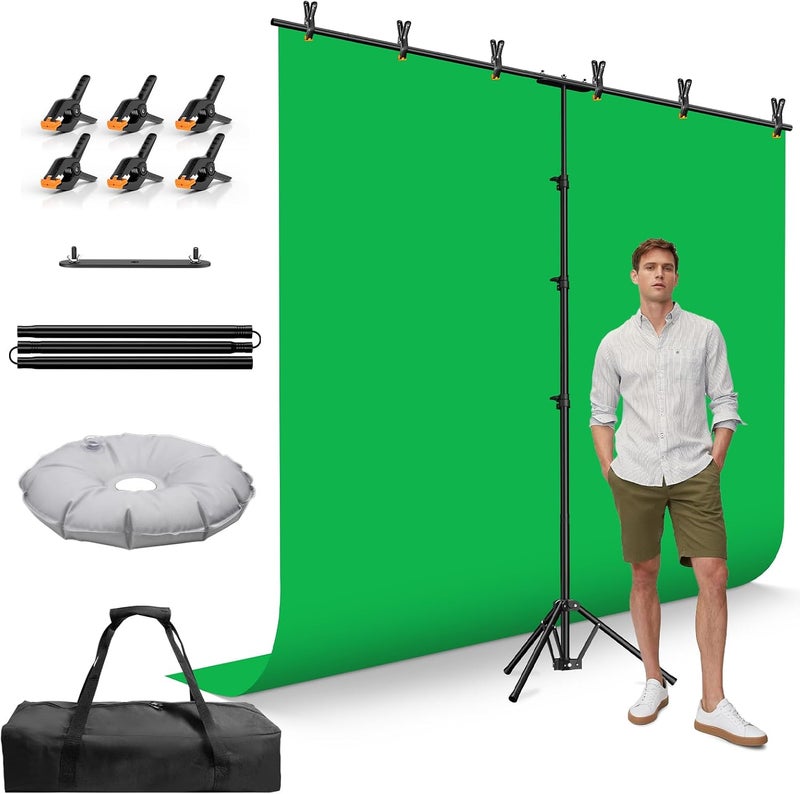 EMART Green Screen Backdrop Kit, 8.5x8.5ft Large Green Screen Backdrop with 8.8x7.5FT Reverse Folding T-Shape Tripod Stand, Spliced Crossbar Plate & 6 Clamps for Studio Shooting, Live Stream - Image 1