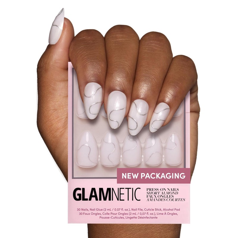 Glamnetic Press On Nails  Silent Night  Short Almond White Nails with 3D Silver Foil in a Glossy Finish  15 Sizes  30 Nail Kit with Glue