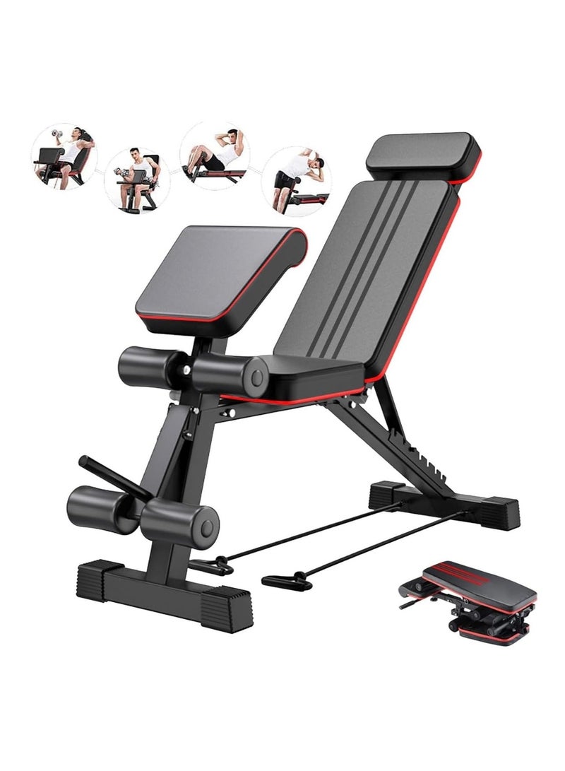 Arabest Adjustable Weight Bench, Foldable Exercise Workout Bench, Extended head & neck protection, Decline/Incline/Bench Press, Utility Bench for Home Gym Full Body Fitness with Elastic Ropes - Image 1