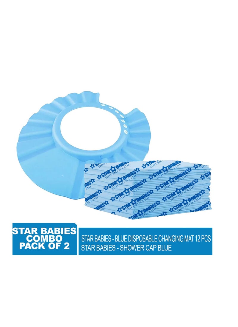 STAR BABiES Star Babies - Combo Pack of 2- Disposable Changing Mat Pack of 12 with Shower Cap - Blue  - Image 2