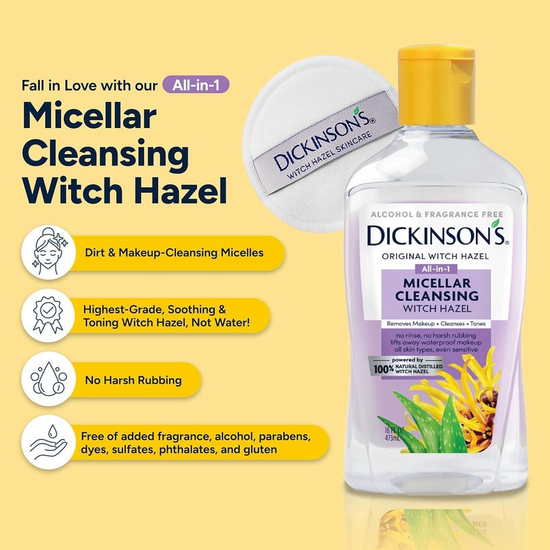 Dickinson's Micellar Cleansing Witch Hazel, An All-in-1 Makeup Remover, Pore Refiner, Skin Cleanser and Toner; Alcohol Free with Aloe, for Sensitive Skin, 16oz - Image 2