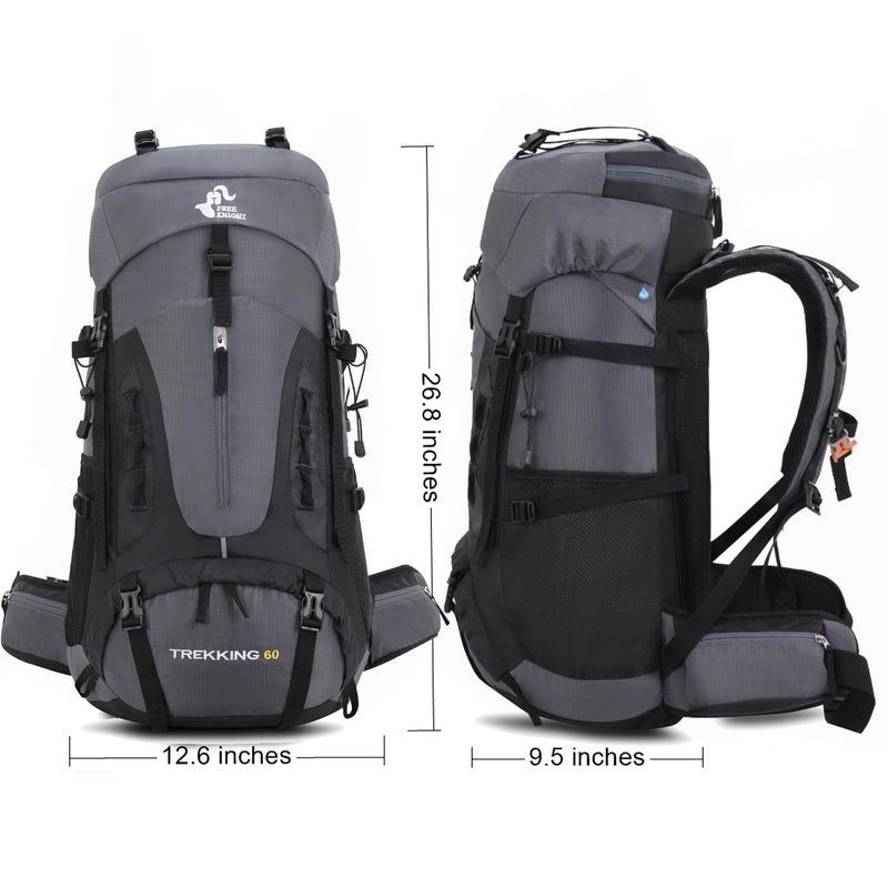 Bseash 60L Hiking Camping Backpack with Rain Cover, Waterproof Large Capacity Outdoor Sport Travel Daypack Climbing Touring (Gray) - Image 2
