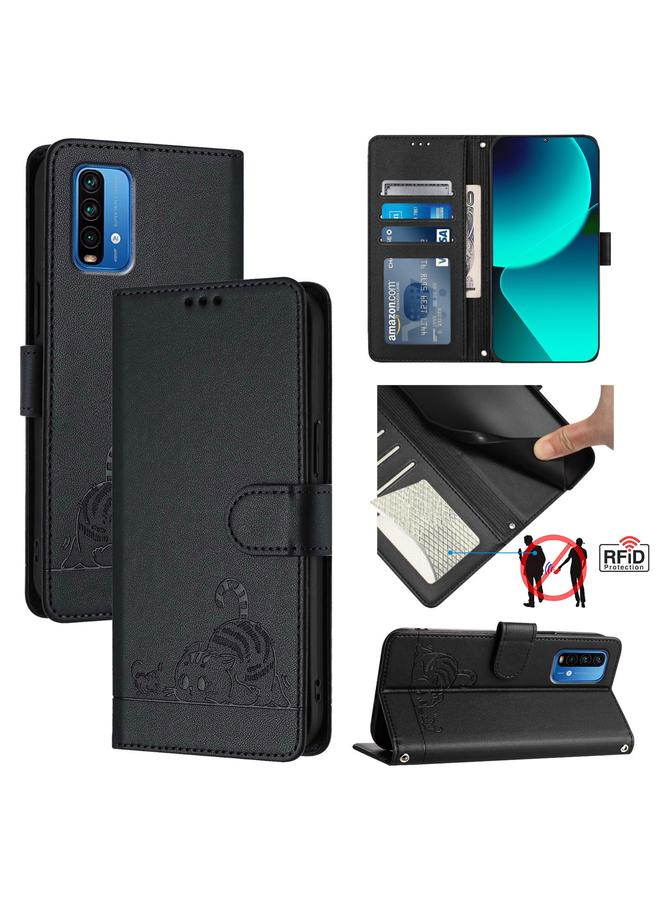 The Bros Case For Xiaomi Redmi 9T Global Cat Rat Embossed Pattern RFID Leather Phone Case with Lanyard