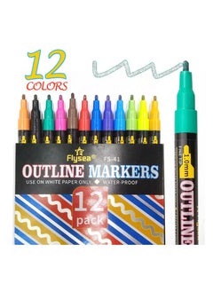 Outline Markers Pens Shimmer Markers - 12 Colors Shimmer Marker Set for Doodling Super Squiggles Outline Markers for Kids Ages 8-12 Double line Pen for Drawing Card Making Calligraphy Journal Pens