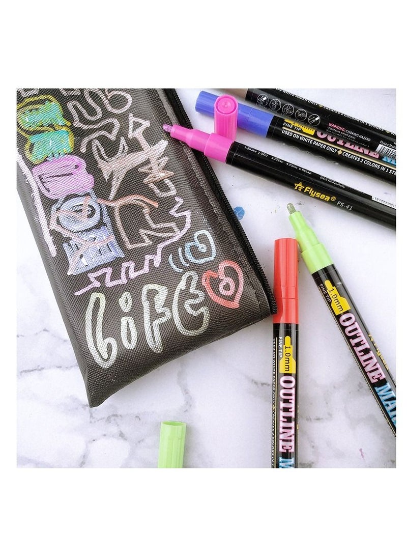Arabest - Outline Markers Pens Shimmer Markers - 12 Colors Shimmer Marker Set for Doodling Super Squiggles Outline Markers for Kids Ages 8-12 Double line Pen for Drawing Card Making Calligraphy Journal Pens - Image 1