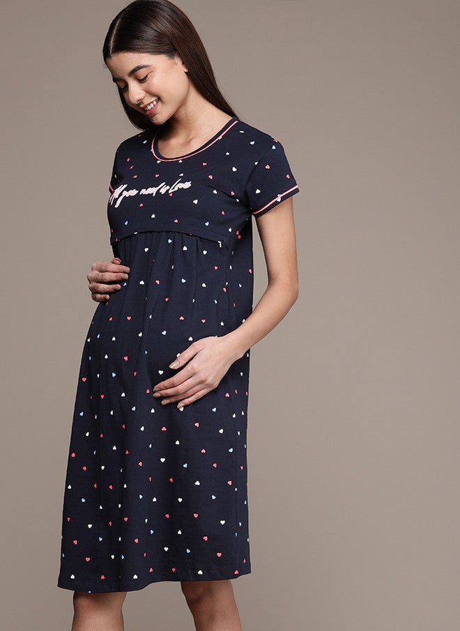 beebelle Navy Blue Printed Maternity & Feeding Pure Cotton Nightdress - Image 3