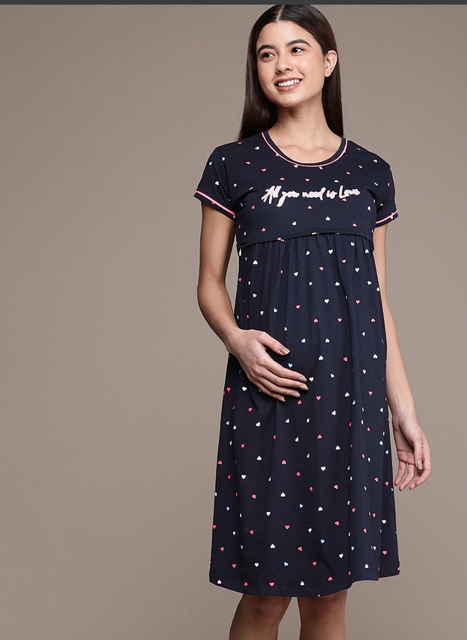 beebelle Navy Blue Printed Maternity & Feeding Pure Cotton Nightdress - Image 1