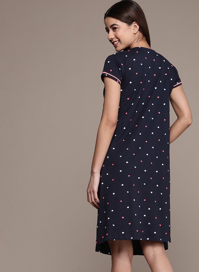 beebelle Navy Blue Printed Maternity & Feeding Pure Cotton Nightdress - Image 5