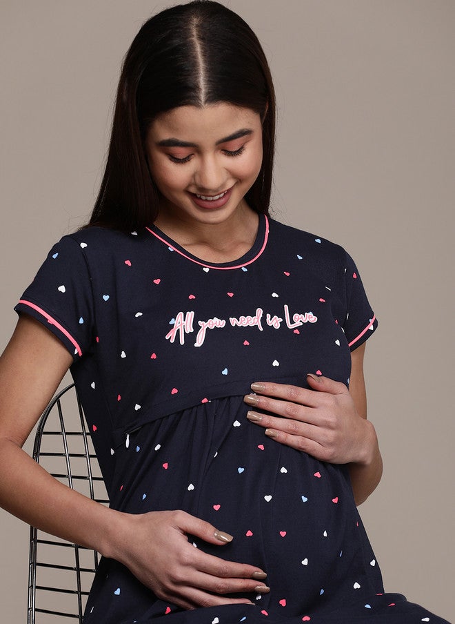 beebelle Navy Blue Printed Maternity & Feeding Pure Cotton Nightdress - Image 2
