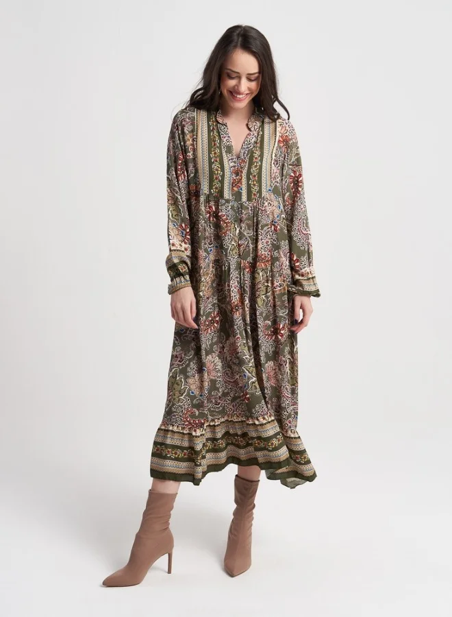 هايليز Bohemian Paisley Maxi Dress - Olive