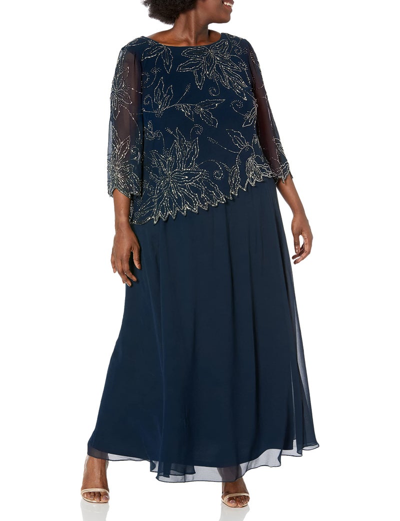 J Kara Women's Plus Size Sheer Sleeve Floral Beaded Long Dress, Navy/Luster/Grey, 20W - Image 1