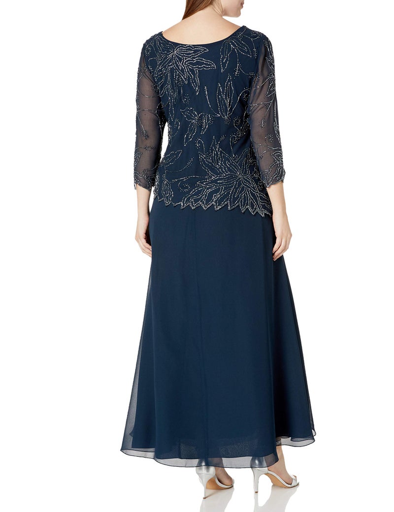 J Kara Women's Plus Size Sheer Sleeve Floral Beaded Long Dress, Navy/Luster/Grey, 20W - Image 4