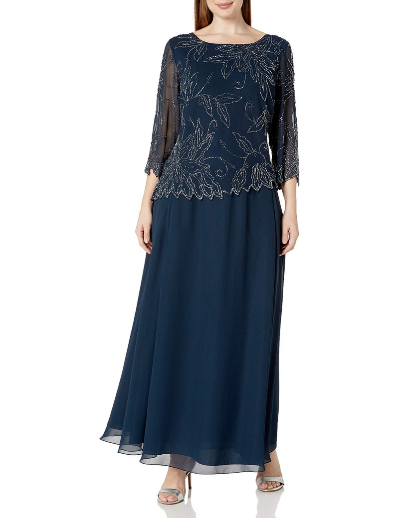 J Kara Women's Plus Size Sheer Sleeve Floral Beaded Long Dress, Navy/Luster/Grey, 20W - Image 5