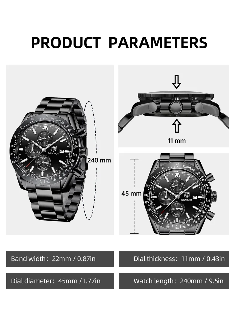 BENYAR  BY BENYAR Mens Watches Analog Quartz Chronograph Waterproof Watch for Men Business Work Sport Casual Classic Stainless Steel Dress Men's Wrist Watches Elegant Gifts for Men  | Best Price UAE