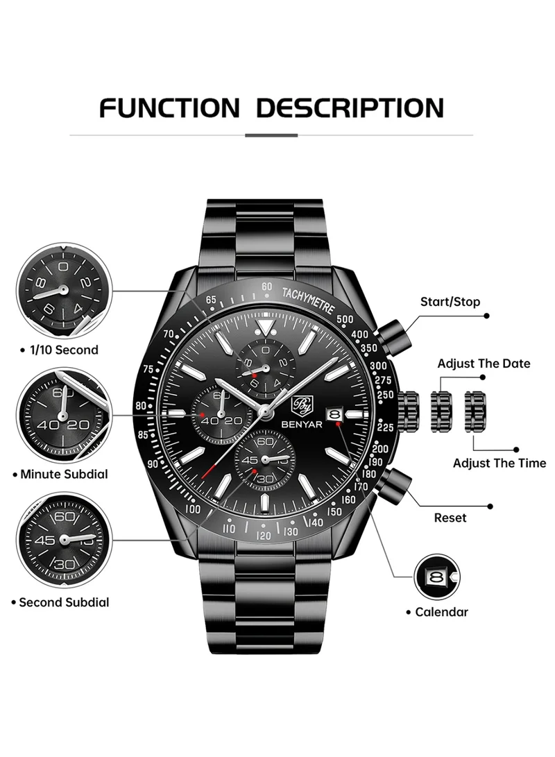 BENYAR  BY BENYAR Mens Watches Analog Quartz Chronograph Waterproof Watch for Men Business Work Sport Casual Classic Stainless Steel Dress Men's Wrist Watches Elegant Gifts for Men  | Best Price UAE