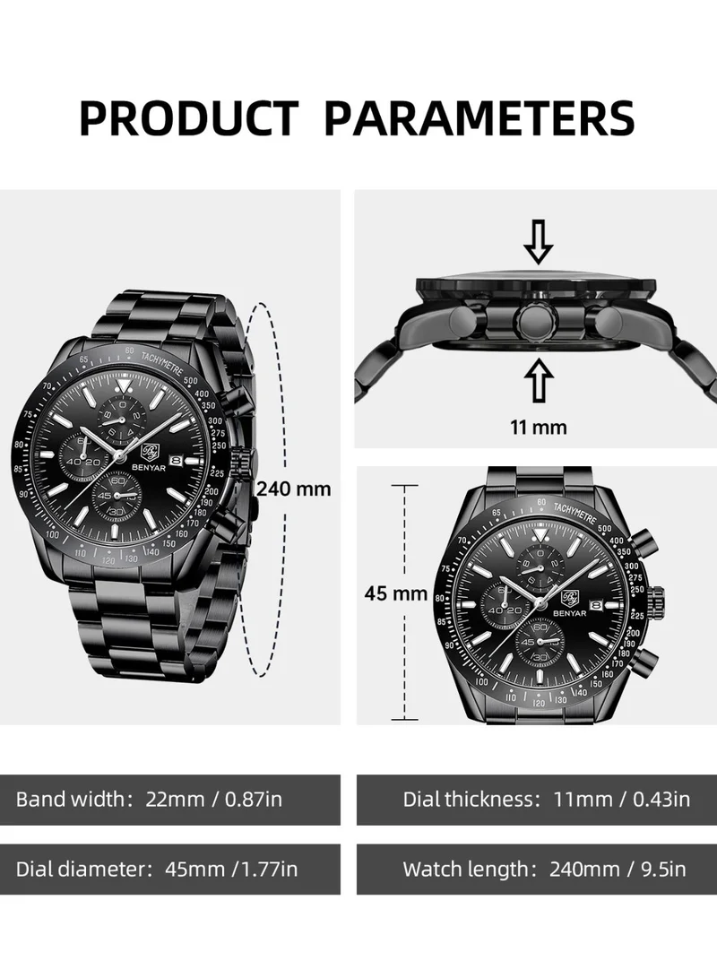 Benyar BENYAR Mens Watches Analog Quartz Chronograph Waterproof Watch for Men Business Work Sport Casual Classic Stainless Steel Dress Men's Wrist Watches Elegant Gifts for Men