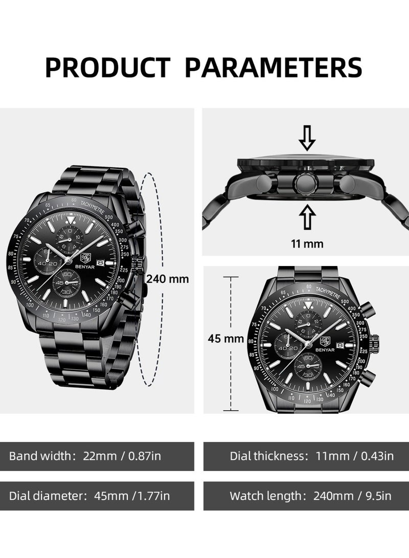 BENYAR Mens Watches Analog Quartz Chronograph Waterproof Watch for Men Business Work Sport Casual Classic Stainless Steel Dress Men's Wrist Watches Elegant Gifts for Men - Image 2