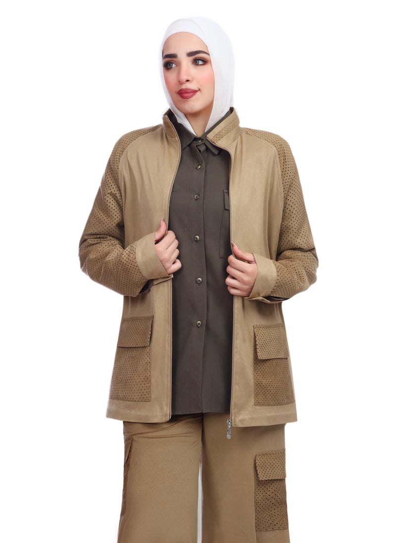 Smoky Egypt Raglan Sleeves Faux Suede Jacket  - Beige - Image 1