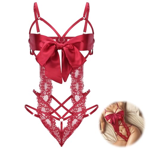 Telooco Women's Sexy Lingerie Set Unwrap Me Bow Tie Lingerie Lace Smooth Ribbon Teddy Bodysuit for Christmas Valentines Outfit (Red) - Image 1