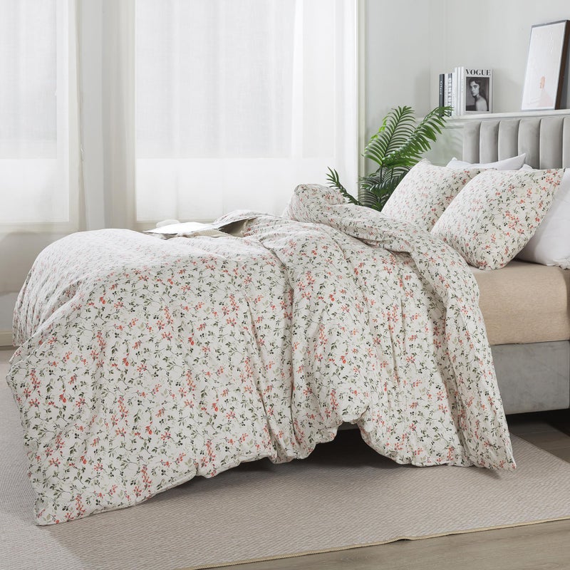 Honeilife Duvet Dover King Size - 100 ٪ Cofton Comforter Cover Floral Cover Cover Tears Trevable Dovet Woving with Zipper Closure & Corner Ties 3 -PC Wildflower Cover Sets Red Bean - Image 3