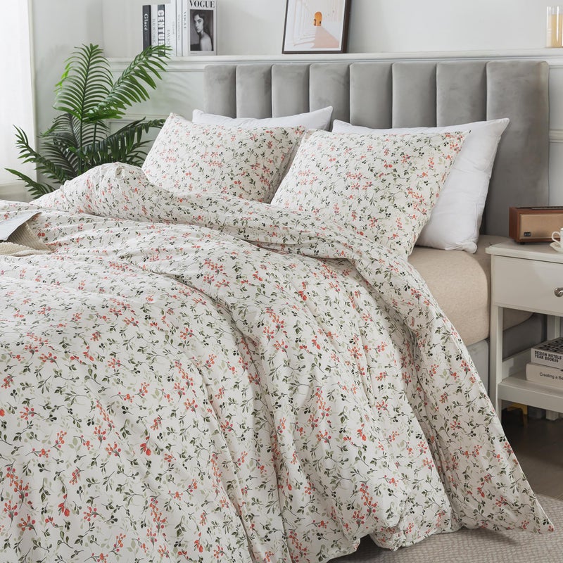 Honeilife Duvet Dover King Size - 100 ٪ Cofton Comforter Cover Floral Cover Cover Tears Trevable Dovet Woving with Zipper Closure & Corner Ties 3 -PC Wildflower Cover Sets Red Bean - Image 4