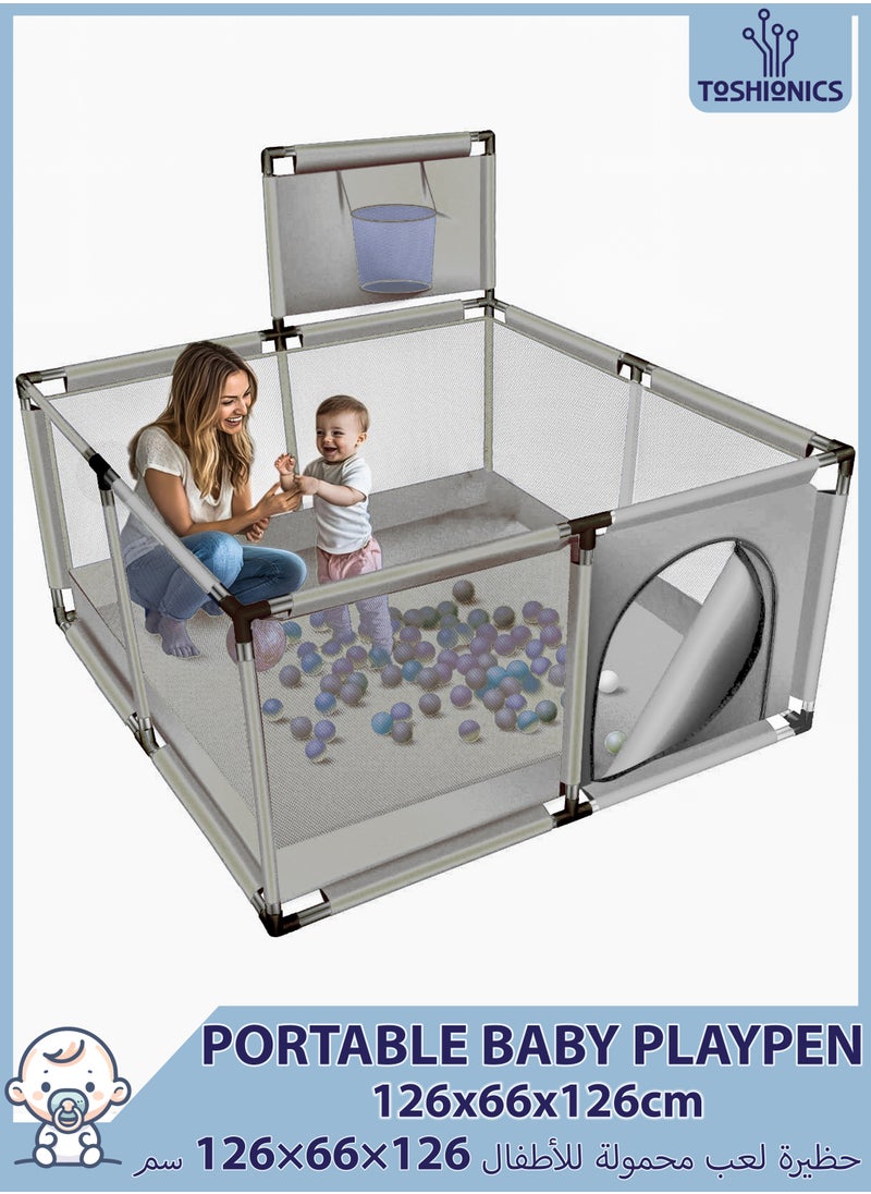 Toshionics Portable Baby Playpen, Foldable Safety Fence for Kids & Toddlers, Indoor & Outdoor Use, Activity Center with 30 Balls, Easy Fold Play Yard, Baby Safety Playpen with Basketball Hoop  - Image 1