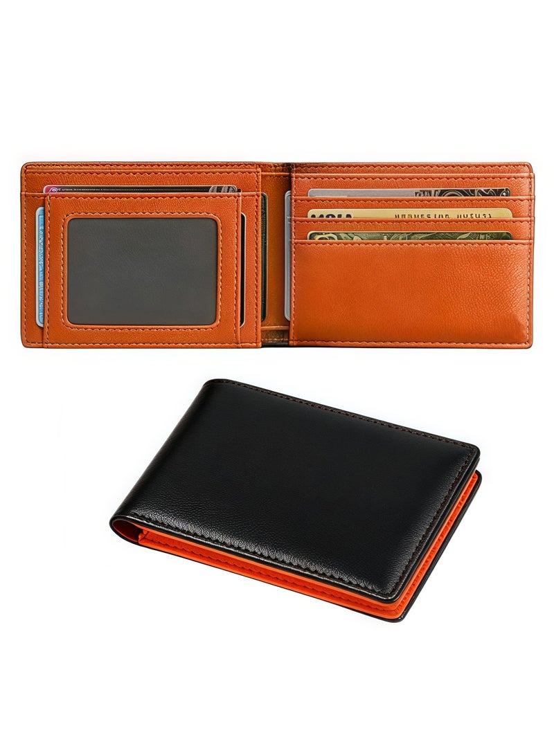 Men's leather wallet, slim bifold wallet, RFID blocking genuine leather, 1 large bill slot, 8 card slots, 1 photo slot. Men's wallet, black and orange - Image 1