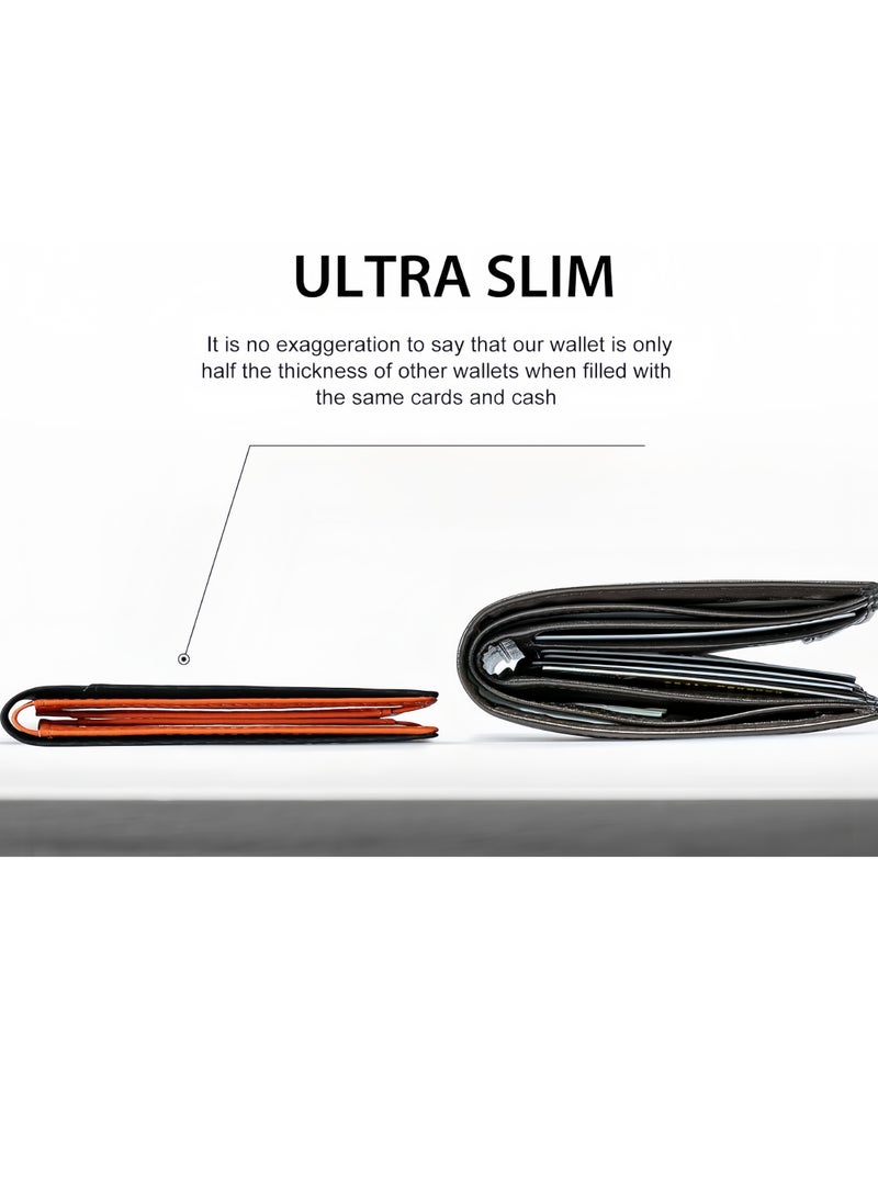 Men's leather wallet, slim bifold wallet, RFID blocking genuine leather, 1 large bill slot, 8 card slots, 1 photo slot. Men's wallet, black and orange - Image 3
