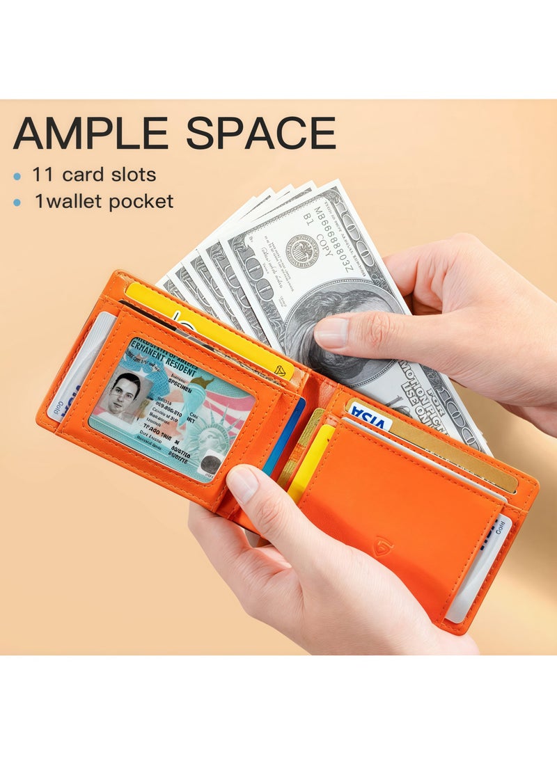 Men's leather wallet, slim bifold wallet, RFID blocking genuine leather, 1 large bill slot, 8 card slots, 1 photo slot. Men's wallet, black and orange - Image 5