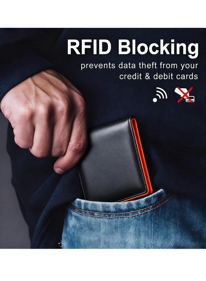 Men's leather wallet, slim bifold wallet, RFID blocking genuine leather, 1 large bill slot, 8 card slots, 1 photo slot. Men's wallet, black and orange - Image 4