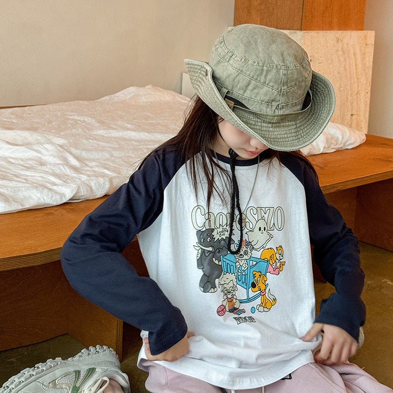 Girls' T-Shirt Autumn Style Middle And Big Kids Contrast Sleeve Cartoon Loose Long Sleeve Top Western Style Base Shirt Trendy - Image 1