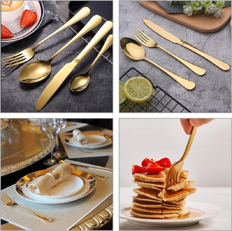 MOBDESK Gold Silverware Set 30Piece Stainless Steel Flatware with Steak Knives Cutlery Utensil Include Forks Spoons Home Kitchen Restaurant Perfect Serving Set Mirror Polished Dishwasher Safe - Image 5