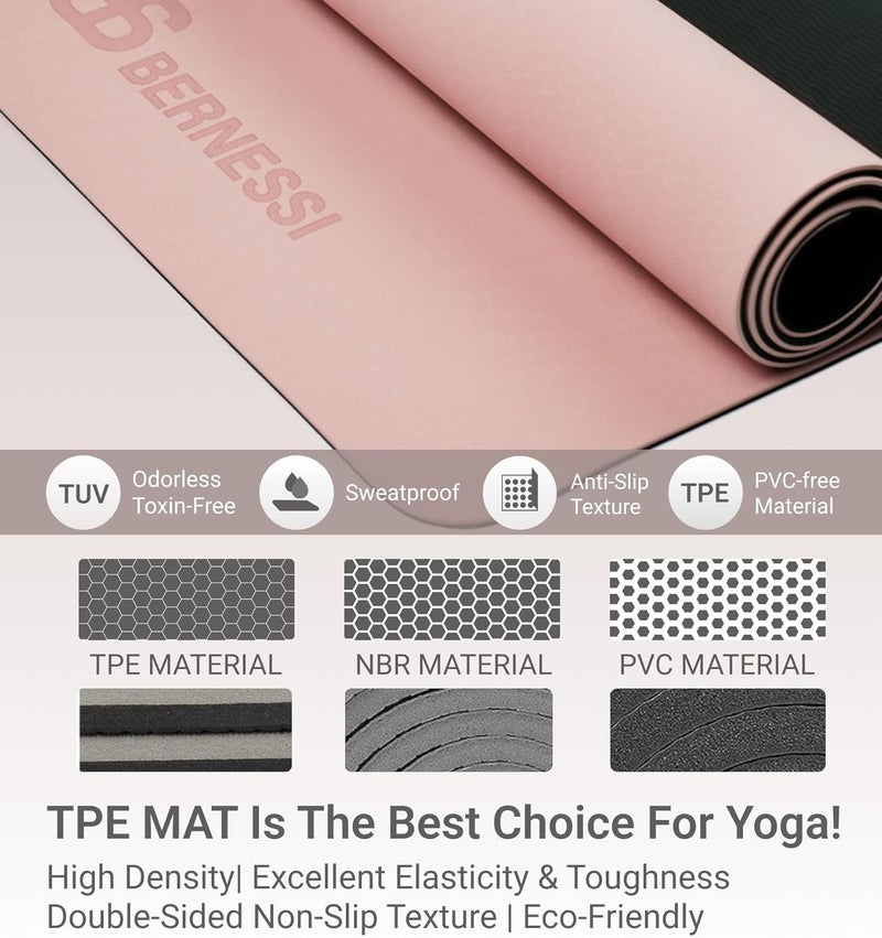 Bernessi 8MM Yoga Mat with Carrying Strap Anti-Slip for Home Workout Exercises Meditation Eco Friendly, Non Skid TPE Yoga Mattres for Pilates 183x61x0.8cm Thick, Pink/Black - Image 3