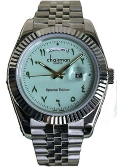 Chairman GENEVE Men's Silver Stainless Steel Wrist Watch, Day/Date with Light Turquoise Dial and Arabic Numbers 