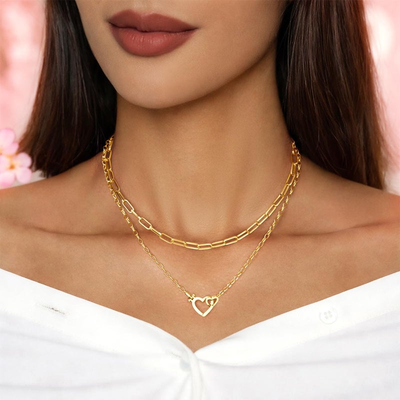 Poxtex Cute Dainty Double Heart Necklace for Women,14k Gold Plated Layered Small Love Open Heart Link Chain Necklace,Stacked Tiny Paperclip Pendant Choker Jewelry Set Gifts - Image 2