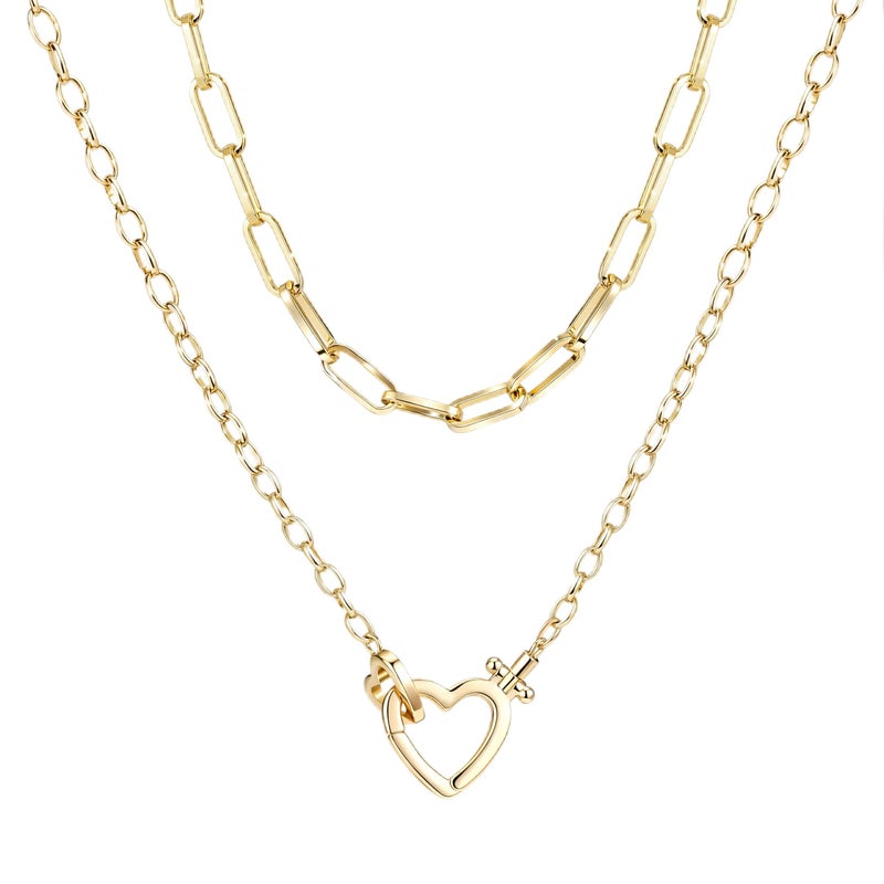 Poxtex Cute Dainty Double Heart Necklace for Women,14k Gold Plated Layered Small Love Open Heart Link Chain Necklace,Stacked Tiny Paperclip Pendant Choker Jewelry Set Gifts - Image 1