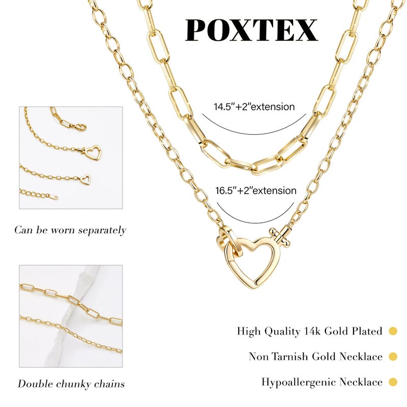 Poxtex Cute Dainty Double Heart Necklace for Women,14k Gold Plated Layered Small Love Open Heart Link Chain Necklace,Stacked Tiny Paperclip Pendant Choker Jewelry Set Gifts - Image 5