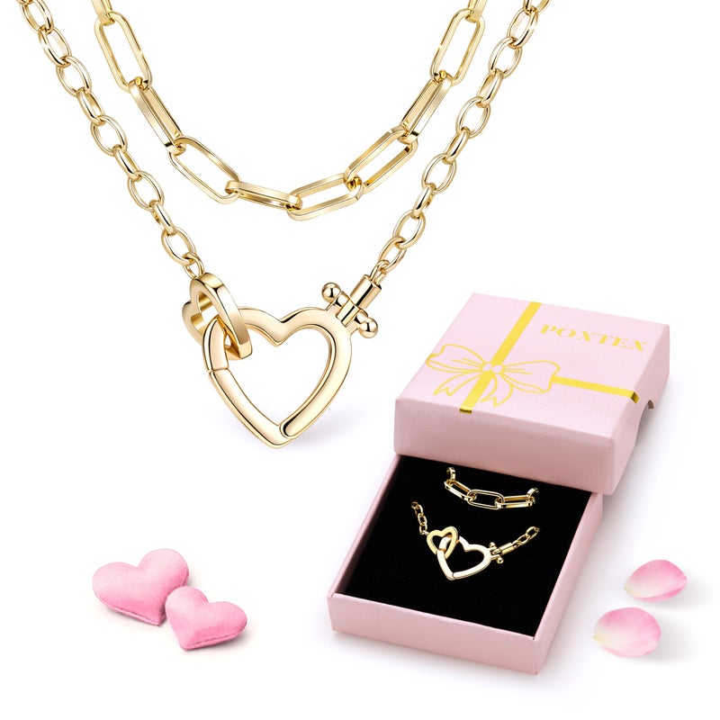 Poxtex Cute Dainty Double Heart Necklace for Women,14k Gold Plated Layered Small Love Open Heart Link Chain Necklace,Stacked Tiny Paperclip Pendant Choker Jewelry Set Gifts - Image 3