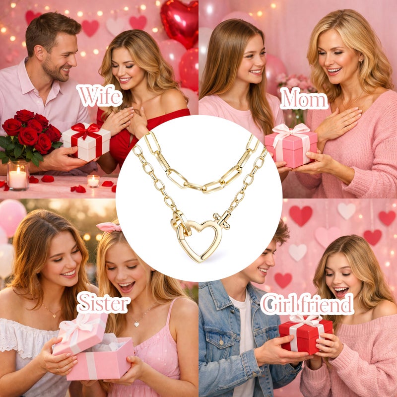 Poxtex Cute Dainty Double Heart Necklace for Women,14k Gold Plated Layered Small Love Open Heart Link Chain Necklace,Stacked Tiny Paperclip Pendant Choker Jewelry Set Gifts - Image 4