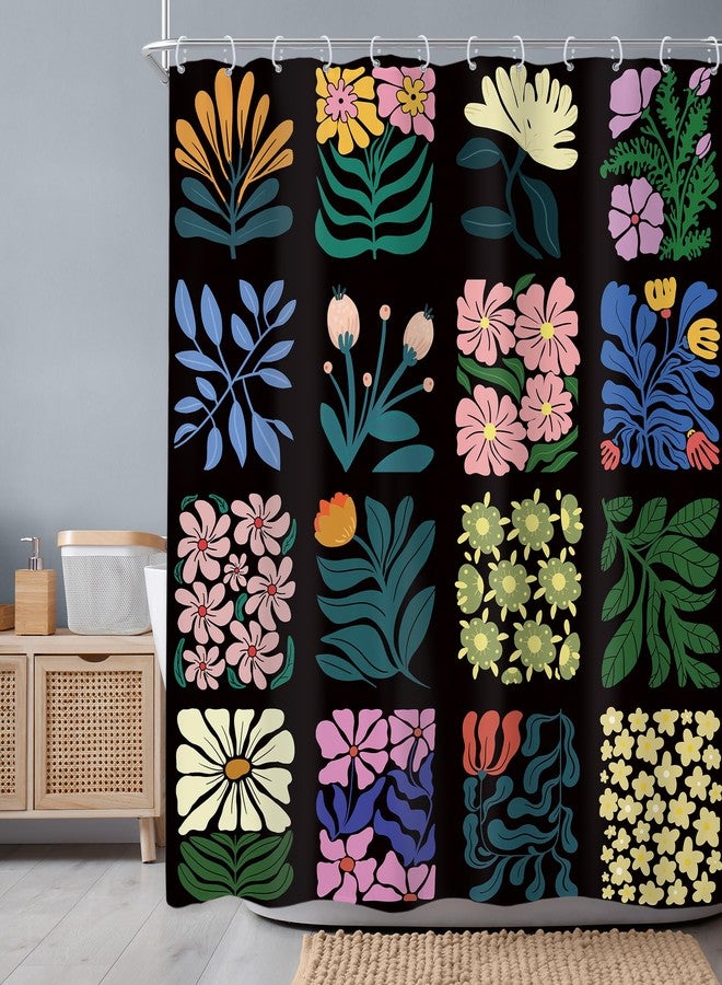 Newsely Retro Shower Curtain 60Wx72L Inch Vintage Abstract Cute Boho Floral Botanical Geometric Groovy Black Blue Aesthetic Bathroom Set Bohemian Waterproof Bath Decoration Accessories Home Decor - Image 2
